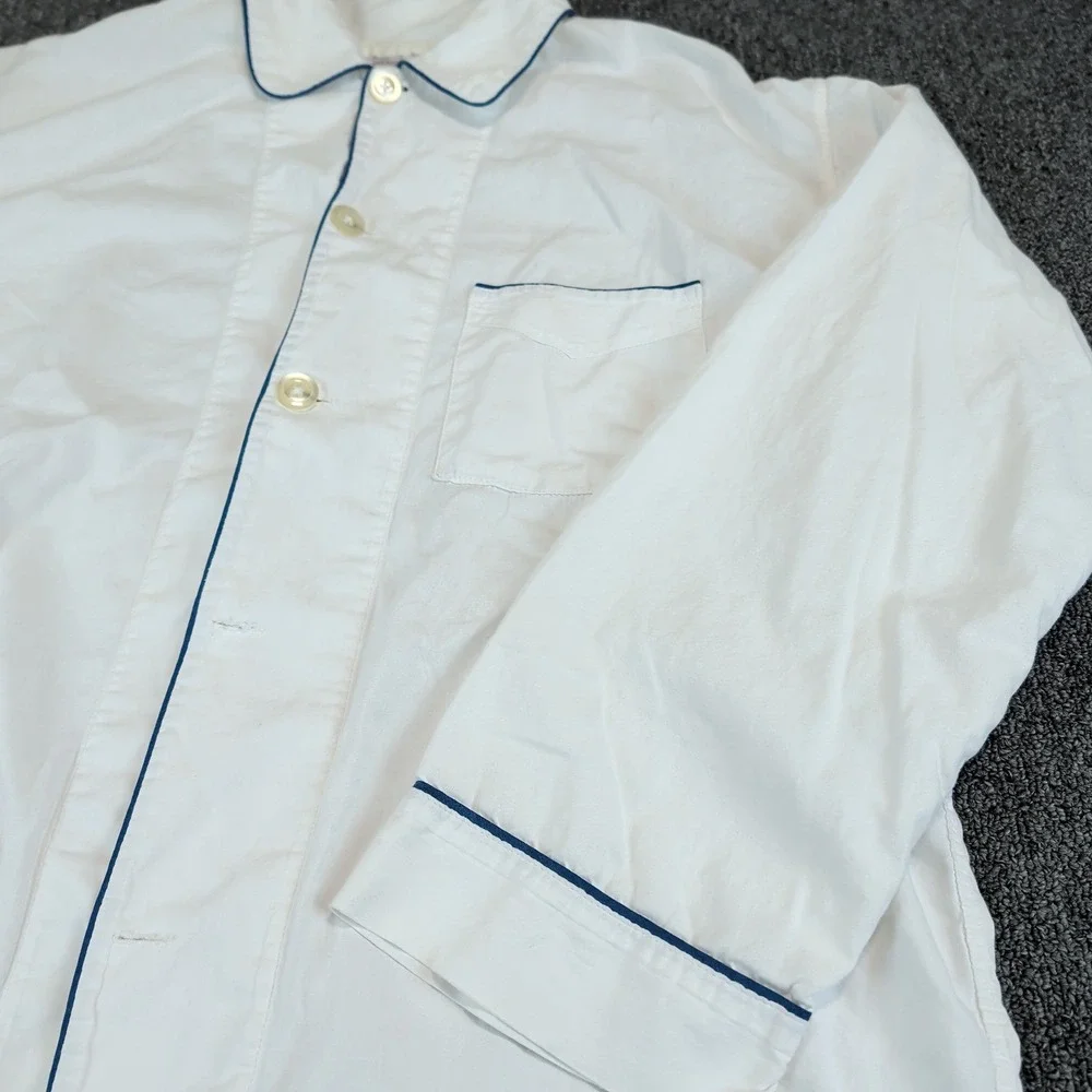 Brooks Brothers Classic Pajama Top Men Large White Cottn Navy Piping Sleep Shirt